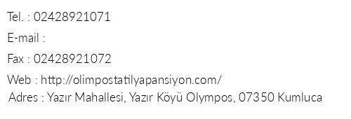 Olympos Tatilya Pansiyon telefon numaralar, faks, e-mail, posta adresi ve iletiim bilgileri